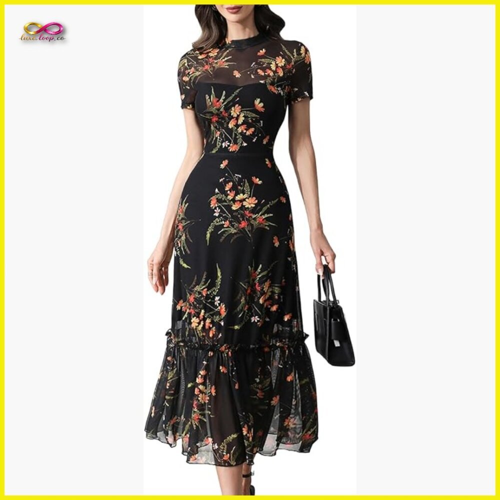 Floral Mesh Maxi Dress Boho Elegant Casual Wedding Guest Summer Wear